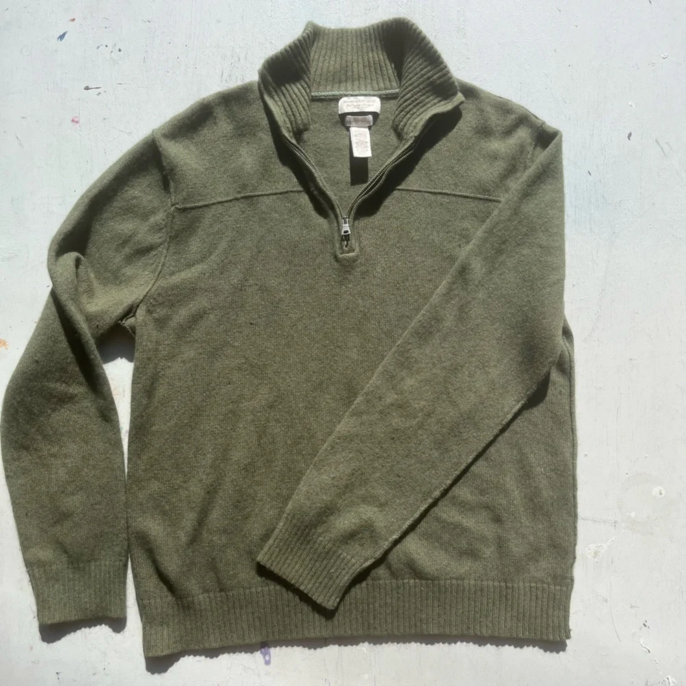 Men's Banana Republic Sweater Green Solid L Preppy Luxury Cashmere Zip HOLE City